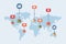 World map with houses in different countries. Homestay booking, choosing hotel, guest house for vacation.