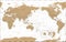 World Map - Pacific China Asia Centered View - The Poles -Vintage Golden Political - Vector Detailed Illustration