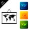 World map on a school blackboard icon isolated on white background. Drawing of map on chalkboard. Set icons colorful