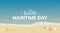 World Maritime Day celebration banner design. Starfish on the beach with seashells. Seaside scene with mollusk on sand