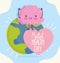 World mental health day, cartoon brain planet text in heart