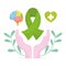 World mental health day, hands green ribbon brain and heart emblem