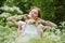 World mental health day, work-life balance, spread positive messages concept. Redhead woman in business suit enjoying nature