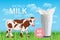 World Milk Day, banner. Spotted cow in the meadow, glass with milk splash and text. Poster, illustration