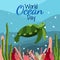 World ocean day in cartoon style on blue background with big green turtle, seaweed and corals.