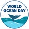 World ocean day vector illustration with blue text effect inside round shape on a white background, upside of ocean, whale fin