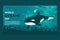 World oceans day 8 June web banner. Save our ocean. Large whale orca and fish were swimming underwater with beautiful coral and se