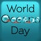 World Oceans Day greeting card template with text, waves and fish over blue background.
