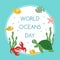 World oceans day template. Cute turtle, fishes and starfish under the water. Template for postcard, poster, wed banner.
