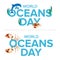 World oceans holiday logo graphic design concept of the ecosystem. Vector illustration with a realistic dolphin, crab claw, coral