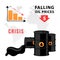 World oil crisis vector design. Graph with down red arrow and falling halons with oil.