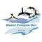 World penguin day. Jumping and swimming penguin on a blue background. iceberg background.