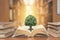 World philosophy day concept with tree of knowledge planting on opening old big book in library full with textbook, stack piles