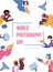 World photography day banner template with cartoon people vector illustration.