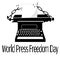 World press freedom day, Concept for banner or postcard, silhouette of a typewriter and broken chains