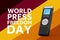 World Press Freedom Day Concept. Journalist Digital Voice Recorder or Dictaphone and Press Freedom Day Sign. 3d Rendering