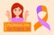 World Psoriasis Day in October 29th. Sad cute girl and orange purple ribbon are shown