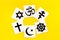 World religions concept. Christianity, Catholicism, Buddhism, Judaism, Islam symbols on yellow background top view