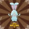 World rock n roll day poster with funny cartoon rock star rabbit character isolated on brown background with rays.