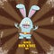 World rock n roll day poster with funny cartoon rock star rabbit character isolated on brown background with rays.