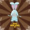 World rock n roll day poster with funny cartoon rock star rabbit character isolated on brown background with rays.