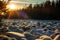 the world\\\'s largest stone river in the snow in the rays of the setting sun