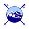 World Snow Day. Day of winter sports. Round logo - mountains, crossed ski poles