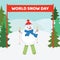 World Snow Day. Snowman skier on a background of snowdrifts and