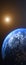 World on space, rising Sun over Planet Earth. Vertical banner resolution. Realistic Planet Earth 3D rendering