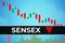 World stock market index BSE Sensex ticker BSESN on blue financial background from graphs, pillars, candles, arrow. Trend Down,