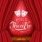 World theatre day hand lettering. Scene with red velvet curtain, wooden floor and theatrical masks. Easy to edit Vector template