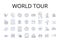 World tour line icons collection. Wild journey, Urban trek, High adventure, Daring odyssey, Global voyage, Continental
