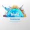 World tourism day background with globe and famous landmarks in the world. Statue of Liberty, Eiffel Tower, Taj Mahal, pyramid