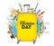 World Tourism Day. The inscription on the yellow travel suitcase. Around the monuments of architecture