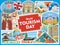 World Tourist Day. Greeting card poster. Colored travel stickers