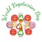 World Vegetarian Day. Vegetables sliced. Zucchini, carrot, onion, tomato, bell pepper, mushroom, eggplant