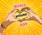 World vitiligo day June 25th. Unisex or womans hands in heart shape on rays bright yellow background as pop art style.