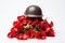 A world war military helmet with red poppies. Remembrance and armistice day symbol