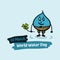 World water day. Creative cartoon banner with happy water drop mascot character.