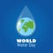 World water day poster. Earth in clear water drop. Save water vector background