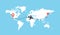 Worldmap with airplane trace vector illustration. Aircraft track path on map, plane route line. Blank white planet Earth
