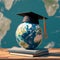 Worldwide business study Graduation cap with Earth globe concept