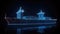 Worldwide cargo ship. Polygonal wireframe mesh art looks like constellation on dark blue night sky with dots and stars.