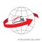 Worldwide delivery concept. Truck with cargo on the background of the globe. The red arrow goes around the globe.