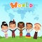 Worldwide kids of different nationalities standing on the earth. Concept vector illustrations