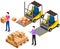 Worldwide sales concept. Worker loading boxes on carrier. Man holding box, put it on stack