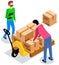 Worldwide sales concept. Worker loading boxes on carrier. Man holding box, put it on stack
