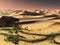 Worldwide temperature change idea. solitary sand dunes under spectacular evening sunset sky at drought desert landscape
