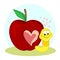 A worm and a bitten Apple. Love and the heart. Valentine`s day. Postcard with a funny character. I miss you. Vector