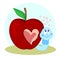 A worm and a bitten Apple. Love and the heart. Valentine`s day. Postcard with a funny character. I miss you. Vector